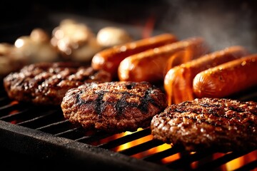 Grilled perfection juicy patties and hot dogs on a fiery grill
