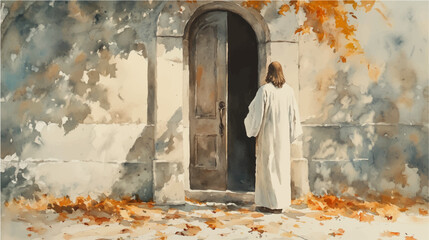 Jesus Standing at the Door Knocking, vector illustration, watercolor