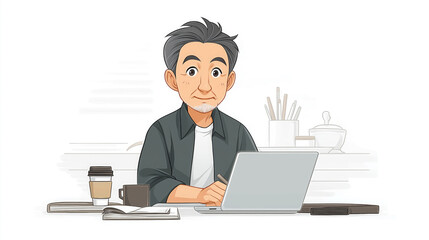 Senior Man Working Laptop Computer Desk Office Coffee Papers