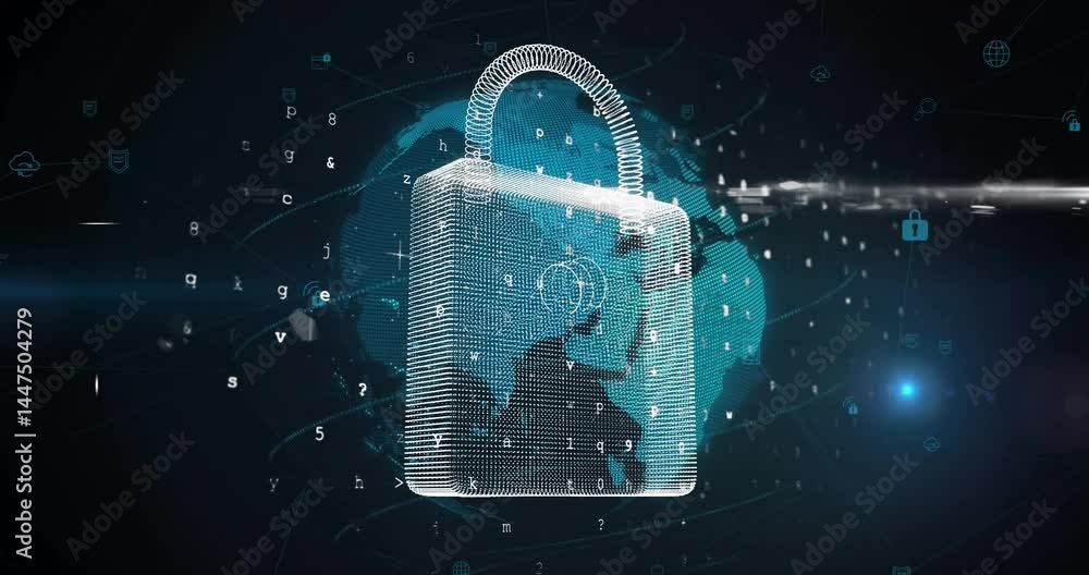 Aufkleber 3d padlock floating over digital globe, streaming code and drifting lock and cloud icons
