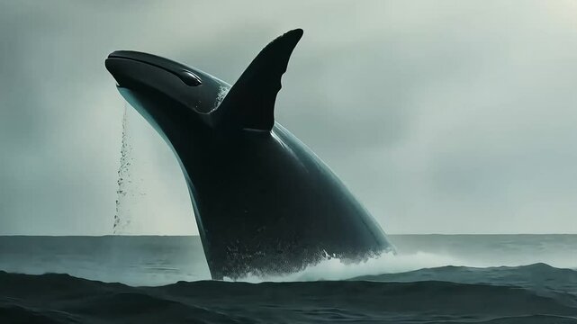 A giant black whale leaps majestically from the sea, parting the mist and creating a dramatic spray of water under the grey sky.