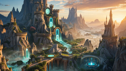Obraz premium Majestic fantasy landscape with mountain castles and magical waterfalls at sunset
