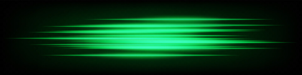 Set of abstract futuristic horizontal green neon speed lines glowing dynamically on dark background. Ideal for digital effects, tech projects, UI design. EPS vector illustration.