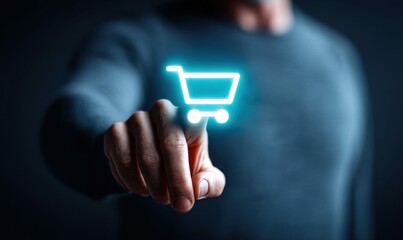 A finger touches a glowing shopping cart icon, illustrating online shopping and e-commerce.