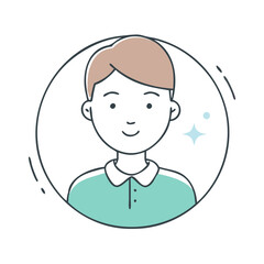 A happy young boy with short brown hair wearing a teal polo shirt, illustrated in a minimalist style within a circular frame