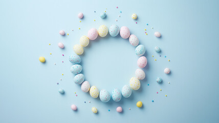 Beautiful Flat Lay of Dyed Easter Eggs in Pastel Colors with Candy Dots on a Soft Blue Background (3)