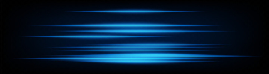 Dynamic horizontal blue neon speed lines glowing brightly on a dark background. Abstract futuristic beams perfect for digital designs, technology, and UI elements. EPS vector illustration.