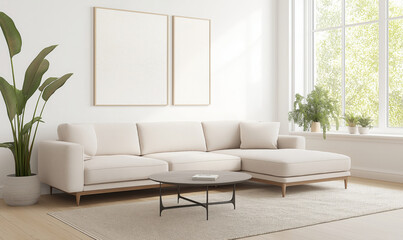 Modern Minimalist Living Room Design Beige Sofa, Plants, Artwork