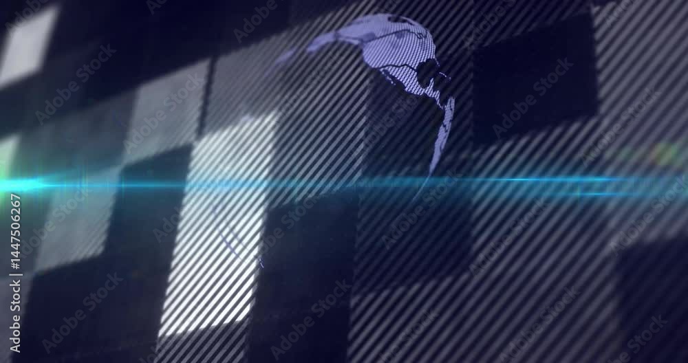 Poster holographic 3d globe being rotated in dark interface, showing cyan scan line and grid overlays