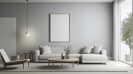 Modern Minimalist Living Room Design Neutral Tones, Cozy Sofa, Pendant Light