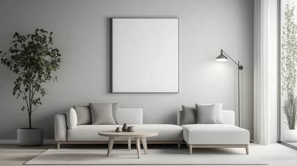 Modern Minimalist Living Room Design White Sofa, Gray Walls, Floor Lamp