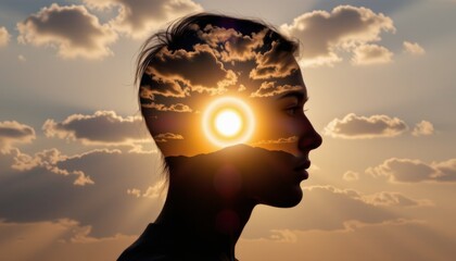 profile silhouette overlaid with a bright sunrise sky sun halo centered in cranial cavity soft vignette edges smooth transition la