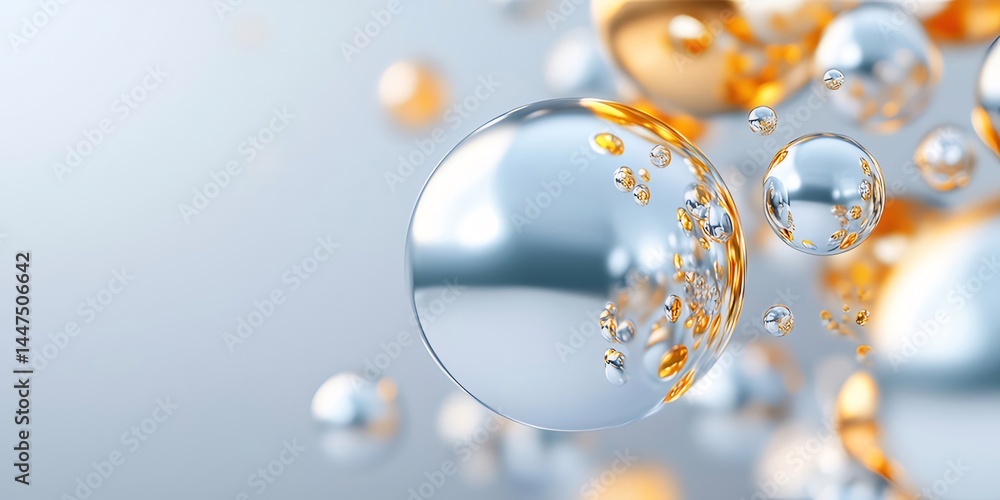 Aufkleber 黄金と銀色の球体が背景に浮かぶ3dレンダリング 光沢のある金属製の表面の幾何学的な抽象デザイン