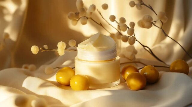 A luxurious jar of yellow skincare cream surrounded by golden plums and soft, cotton-like botanicals, set against warm, creamy fabric to evoke a sense of richness, hydration, and natural beauty.