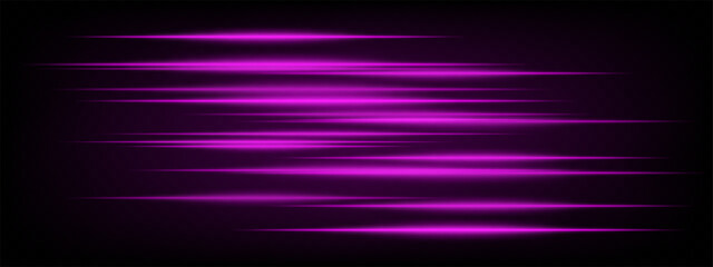 Set of pink horizontal neon speed lines glowing brightly on dark background. Futuristic abstract beams ideal for UI elements, digital effects, tech designs. EPS vector illustration.