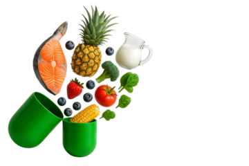 PNG green capsule with fresh healthy food ingredients like salmon, pineapple, vegetables and milk isolated on transparent background. Concept of natural vitamins, supplements, clean nutrition