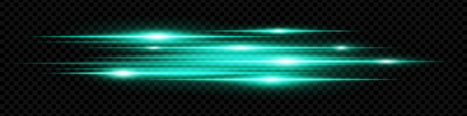Naklejka premium Cyan horizontal neon lens flares isolated on transparent background. Abstract glowing beams ideal for digital effects, futuristic designs, UI. EPS vector illustration.