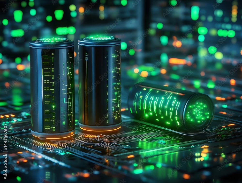 Aufkleber 緑色とオレンジ色の光を放つ未来的なバッテリーのクローズアップ電子回路基板背景