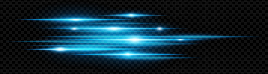 Naklejka premium Blue horizontal neon lens flares isolated on transparent background. Abstract glowing beams ideal for digital effects, futuristic designs, UI. EPS vector illustration.