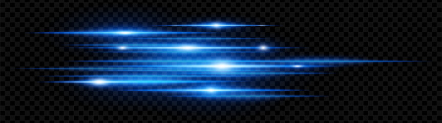 Fototapeta premium Blue horizontal lens flare neon streaks on transparent background. Futuristic abstract beams ideal for technology interfaces, banners, digital projects. EPS vector illustration.