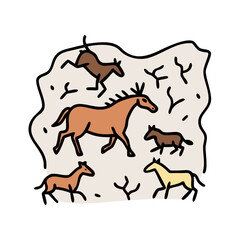 Cave Painting of Prehistoric Horses and Other Animals Depicting a Scene from the Paleolithic Era