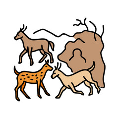 Prehistoric Cave Painting of Deer and Antelope near a Rock Shelter