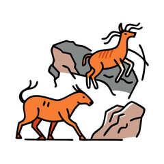 Prehistoric Cave Painting of Two Orange Animals Leaping Amongst Rocks