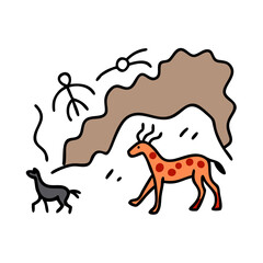 Cave Painting of Prehistoric Animals and Humans Depicted on a Rock Wall