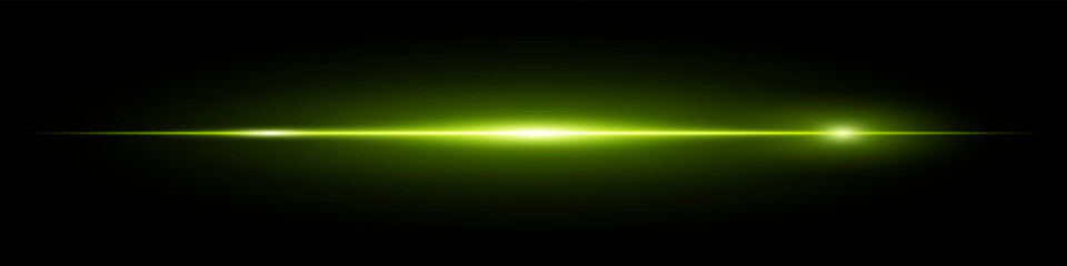 Fototapeta premium Minimalistic horizontal green lens flare glowing brightly on dark background. Abstract futuristic beam ideal for digital effects, UI, technology visuals. EPS vector illustration.