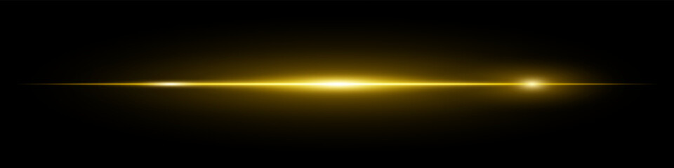 Minimalistic horizontal yellow lens flare glowing brightly on dark background. Abstract futuristic beam ideal for digital effects, UI, technology visuals. EPS vector illustration.