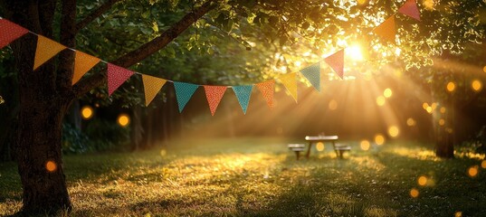 Colorful triangular bunting flags waving between trees at sunset