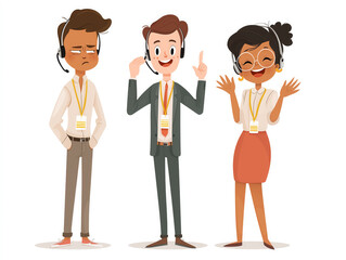 Diverse Call Center Agents Headset, ID Badges, Happy and Serious Expressions