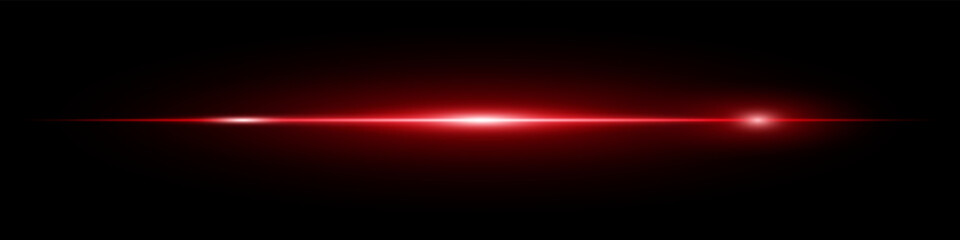 Bright horizontal red neon lens flare isolated on dark background. Minimalist futuristic beam ideal for UI elements, digital designs, sci-fi visuals. EPS vector illustration.