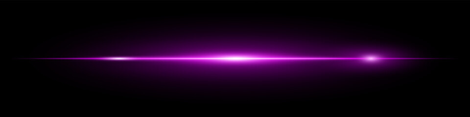 Bright horizontal purple neon lens flare isolated on dark background. Minimalist futuristic beam ideal for UI elements, digital designs, sci-fi visuals. EPS vector illustration.