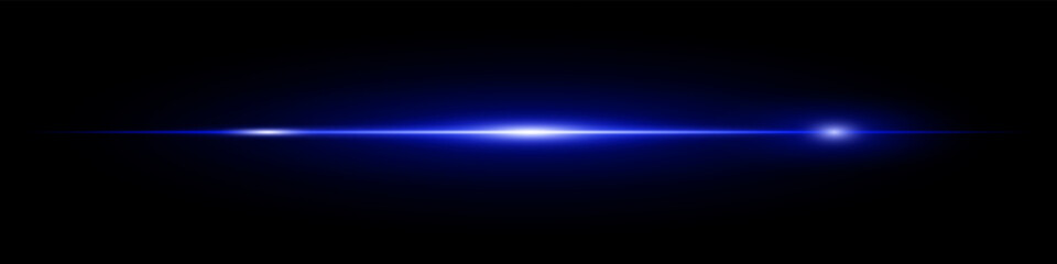 Bright horizontal blue neon lens flare isolated on dark background. Minimalist futuristic beam ideal for UI elements, digital designs, sci-fi visuals. EPS vector illustration.
