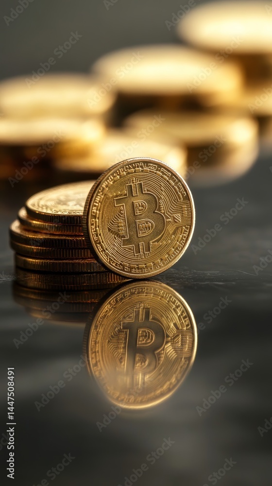 Poster Golden bitcoin cryptocurrency is resting on a stack of coins with more coins blurred in the background and a reflection on a dark surface