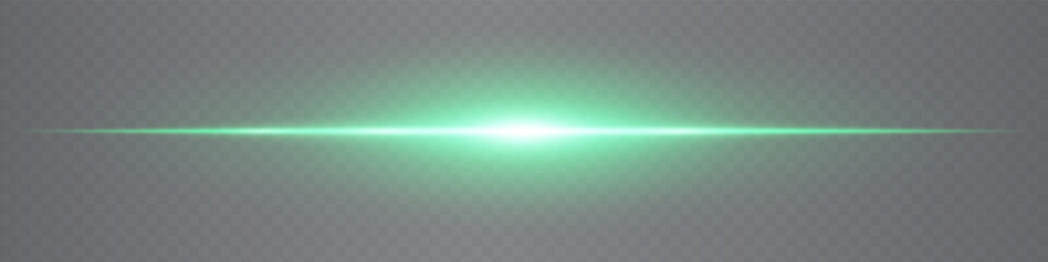 Minimalistic horizontal green lens flare glowing gently on transparent background. Sleek beam ideal for digital designs, UI elements, and futuristic visuals. EPS vector illustration.
