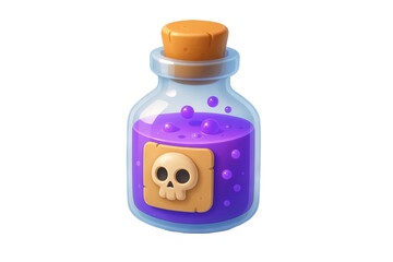 Png illustration of a potion in glass jar with purple liquid and skull label isolated on transparent background. concept of magic, alchemy, fantasy design, game asset, potion icon