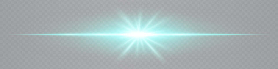 Turquoise horizontal lens flare with star-shaped glow on transparent background. Futuristic sleek beam ideal for digital designs, UI elements, sci-fi visuals. EPS vector illustration.