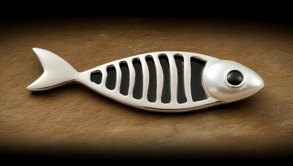 Small silver fish pendant, black and white stripes, pearl eye  Detailed carving