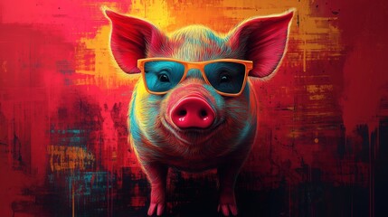 Vibrant pig wearing orange sunglasses, standing against a textured red backdrop with yellow accents. on a transparent background, PNG image, PNG file.