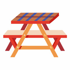 Brightly colored picnic table with striped top and wooden legs  