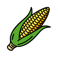 Illustration of a Single Ear of Corn on the Cob with Green Husks