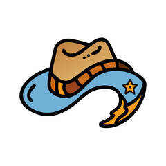 A stylized illustration of a cowboy hat with a blue brim and orange accents