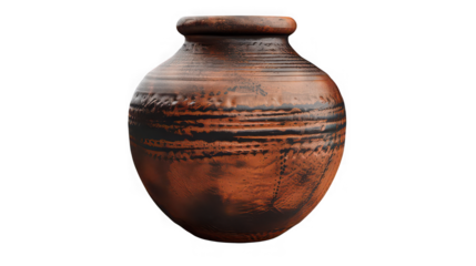 A rustic clay pot with dark accents against a black background