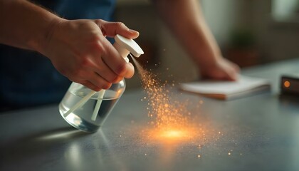 Close-up of a Caucasian man holding a spray bottle of hand sanitizer against a textured grey concrete wall, shallow depth of field.