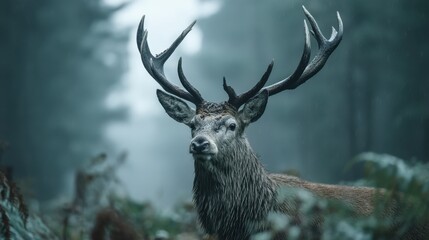 Naklejka premium Majestic Stag in Misty Forest: A Wildlife Portrait