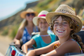 Joyful family embarks on a colorful road trip to beach in a convertible, filled with laughter and excitement, embodying essence of a carefree summer holiday    