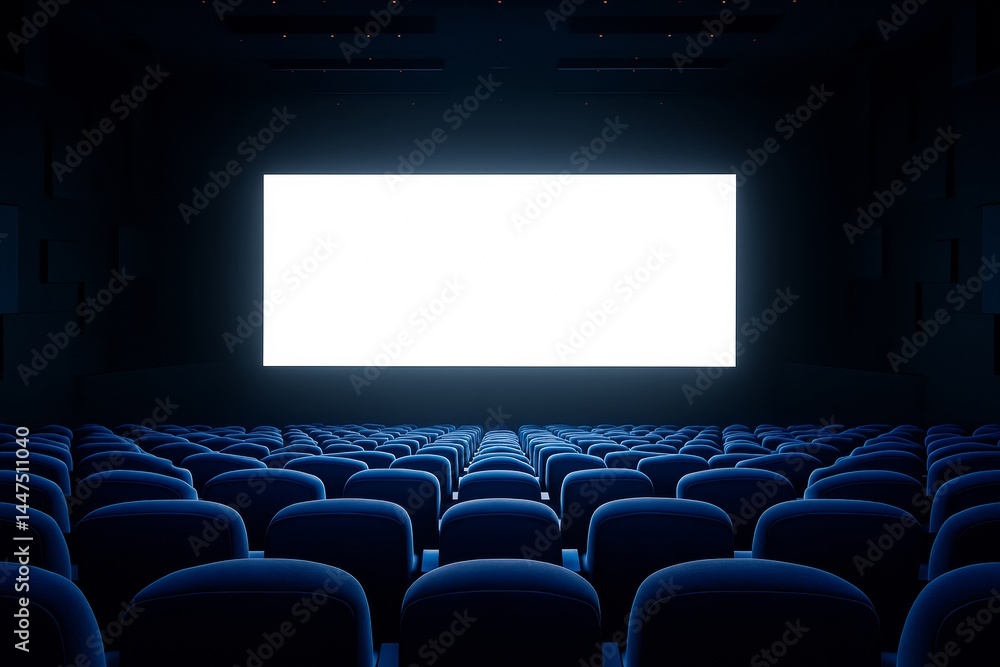Poster empty movie theater interior with rows of blue seats facing a bright blank screen in dark ambient li