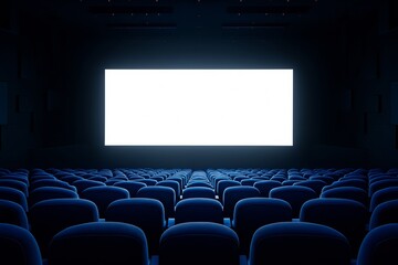 Empty movie theater interior with rows of blue seats facing a bright blank screen in dark ambient lighting for presentation or mockup use.